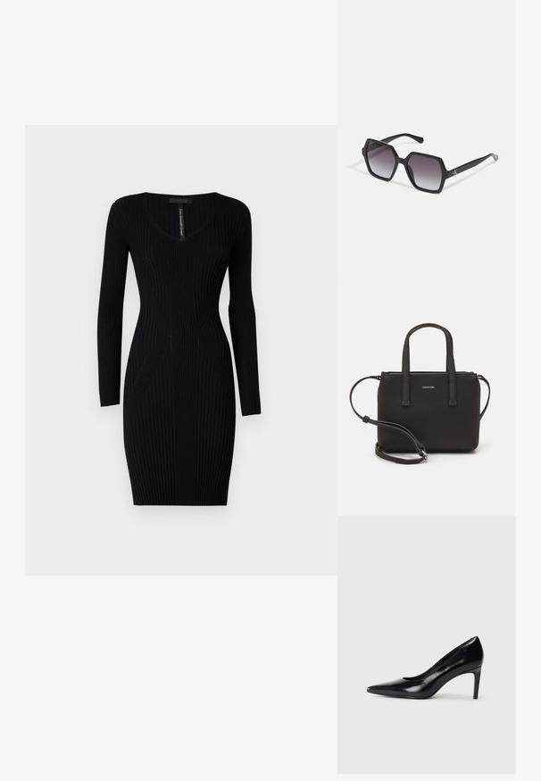 Černé žebrované šaty s dlouhými rukávy, véčkovým výstřihem a přiléhavým střihem. Obsahují texturované vertikální pruhy a jemné švy pro zvýraznění tvaru.; Černé kožené boty na vysokém podpatku s špičatou špičkou, hladkým povrchem a zúženým podpatkem. Minimalistický design, bez dalších ozdob.; Černé hexagonální sluneční brýle se stupňovitou čočkou, s lesklým povrchem a jemným logem na spánku. Odolná plastová konstrukce.; Černá kabelka s dvojitými krátkými uchy a odnímatelným ramenním popruhem. Hladký koženkový materiál s uzávěrem na zip a detailem loga.