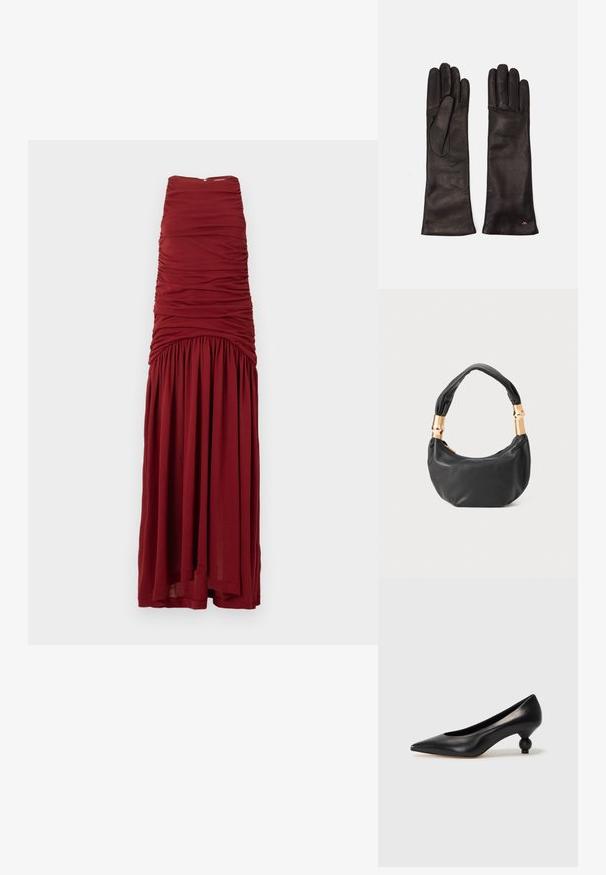 Bordó maxi ruha, fitted testrésszel, gyűrt textúrával és folyós alsó résszel. Puha anyagból készült, hátulja láthatatlan cipzárral.; Fekete bőr magassarkú cipő, hegyes orral és kerek, gömbölyű sarokkal. Simább textúrával, elegáns, minimalista dizájnnal.; Fekete bőr kézitáska kerek formával, puha textúrával és csomózott fogantyúval, aranyszínű fém díszítéssel. Cipzáras záródás.; Weekend Max Mara SENAPE - Kesztyűk - nero