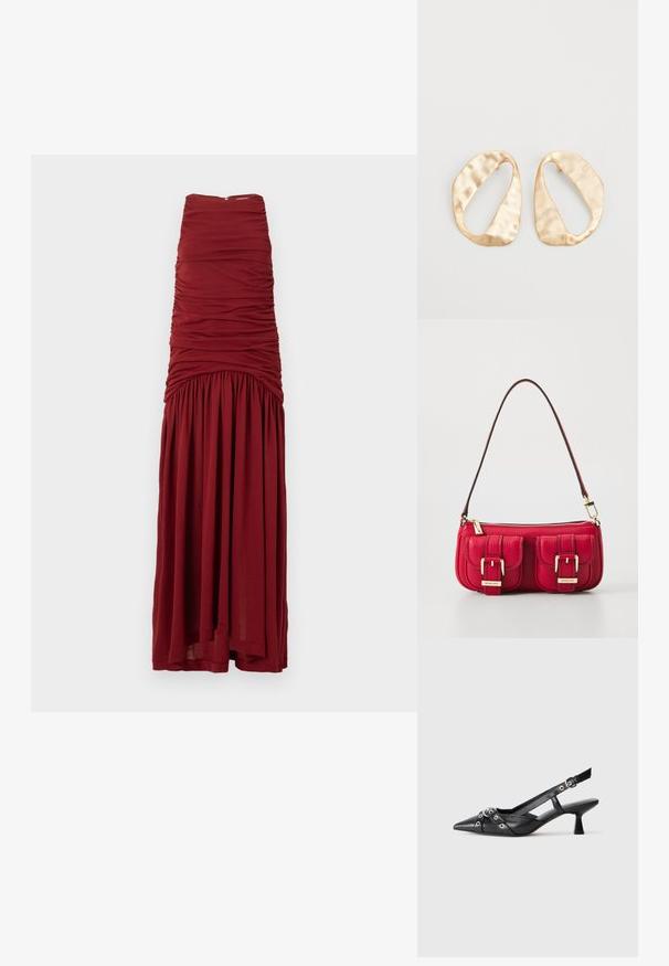 Bordó maxi šaty s přiléhavým korzetem, nařasenou texturou a splývavou spodní částí. Vyrobeno z měkké látky s neviditelným zipem na zadní straně.; Černé kožené slingback boty s špičatou špičkou, dekorativními pásky s kovovými očky a nízkým blokovým podpatkem. Texturovaný povrch.; Červená kožená taška se dvěma předními kapsami, zlatým kováním a zipovým uzávěrem. Obsahuje zakřivený ramenní popruh a strukturovaný povrch.; Pár nepravidelných oválných náušnic z kovu pozlaceného zlatem s texturovaným, mírně kladivkovým povrchem na bílém pozadí.