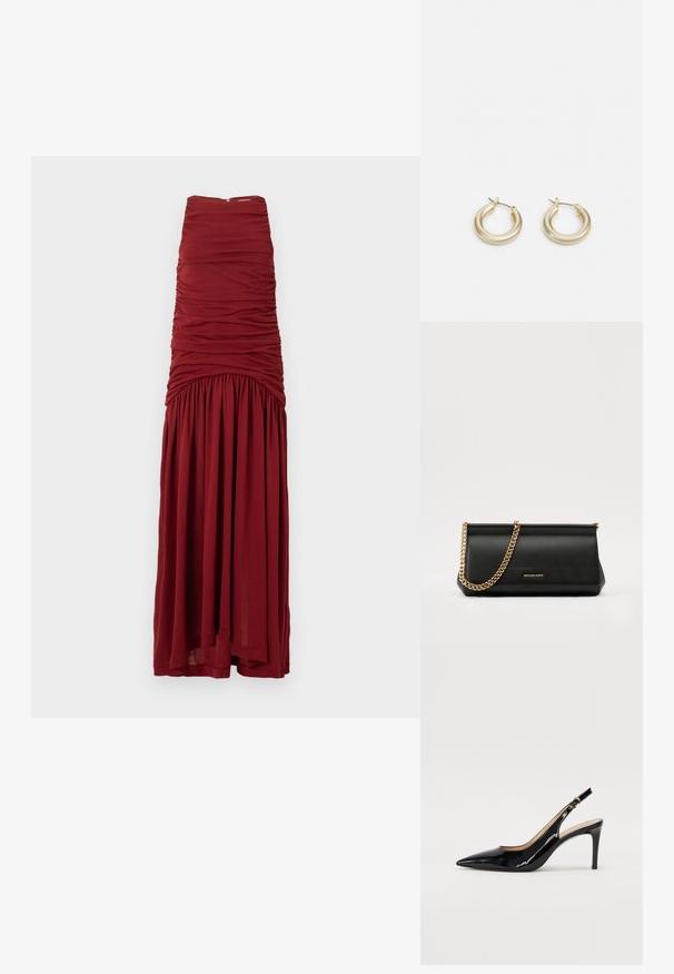 Tamsiai raudonas maksi suknelė su prigludusia liemenėle, susiraukšlėjusia tekstūra ir laisvai krentančia apatine dalimi. Pagaminta iš švelnaus audinio su nematomu užtrauktuku nugaroje.; Juodas lakinės odos slingback batelis su smailiu nosiu, plonu kulnu ir subtiliu išpjovos dizainu. Yra auksinė sagtis ant dirželio.; Juodas odinis delninukas su auksine grandine, turintis lygų paviršių, stačiakampį išmatavimą ir įspaustą prekės ženklą priekyje.; Lauren Ralph Lauren BASIC SMALL HOOP - Auskarai - gold-coloured