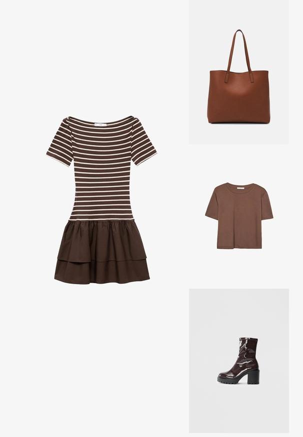 Brązowa i beżowa, paskowana sukienka krótki rękaw z dekoltem w kształcie łódki i warstwową falbaną.; Brązowa koszulka z krótkim rękawem, wykonana z miękkiego materiału, z okrągłym dekoltem i luźnym krojem. Brak widocznych wzorów lub akcentów.; Błyszczące bordowe botki za kostkę z masywną czarną obcasem, charakteryzujące się gładką teksturą i prostym wzornictwem. Brak widocznych zapięć lub wzorów.; Brązowa skórzana torba tote o gładkiej fakturze, z otwartym wierzchem i dwoma ramiączkami. Charakteryzuje się minimalnym przeszyciem i brakiem widocznych elementów metalowych.