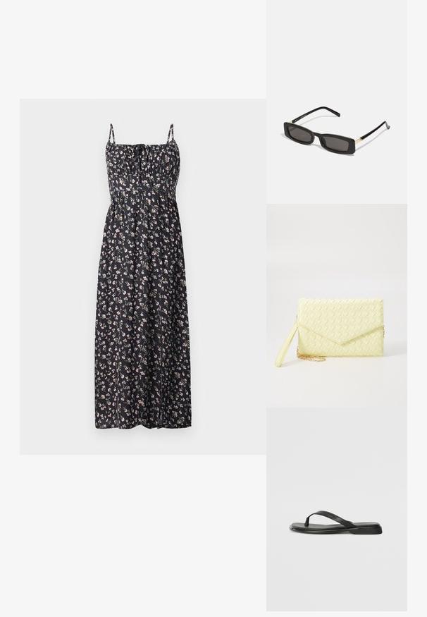 Blumen-Maxi-Kleid aus schwarzem Stoff mit kleinen rosa und weißen Blumen, verstellbaren Trägern, gerafftem Oberteil und fließendem Rock.; Schwarze Flip-Flops aus glattem Leder, mit einem dünnen Riemendesign und einer flachen Sohle mit minimalem Profil. Keine bemerkenswerten Muster oder Akzente.; Schwarze rechteckige Sonnenbrillen mit dunklen Gläsern, glänzenden Kunststoffrahmen und goldenen Akzenten an den Bügeln. Minimalistisches Design und schlanke Form.; Gelbe gewebte Clutch-Geldbörse mit Klappen-Design, abnehmbarem Handgelenkriemen und goldener Kettenakzent. Glatte Textur und rechteckige Form.