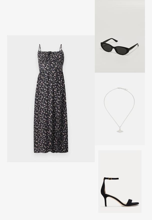 Blumen-Maxi-Kleid aus schwarzem Stoff mit kleinen rosa und weißen Blumen, verstellbaren Trägern, gerafftem Oberteil und fließendem Rock.; Lauren Ralph Lauren ALLIE MID HEEL SUEDE SANDAL - Riemensandalette - black; Schwarze Sonnenbrille in schmaler Katzenaugenform. Aus glattem Kunststoff gefertigt, mit dunklen Gläsern und dezenten Logo-Akzenten an den Bügeln.; Silberne Halskette mit einer zarten Kette und einem ovalen Anhänger, der aufwendige Details und einen kleinen Edelsteinakzent aufweist.