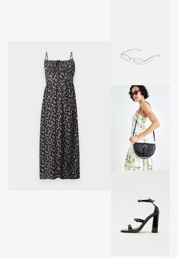 Fekete anyagú virágmintás maxi ruha, apró rózsaszín és fehér virágokkal, állítható pántokkal, fodros melltartó résszel és lebegő szoknyával.; Fekete lakk magas sarkú szandál négyzet alakú orral, bokapántokkal és ezüst csatokat tartalmaz. Masszív blokk sarka a stabilitásért felel.; Ovális szemüveg fém ezüst kerettel, átlátszó lencsékkel és texturált gyöngyös szárakkal. Könnyű kialakítás ívelt karokkal.; Fekete bőrtáska ívelt formával, levehető pánttal és arany színű fémrészekkel. A táskán egy csattal díszített fedél található.