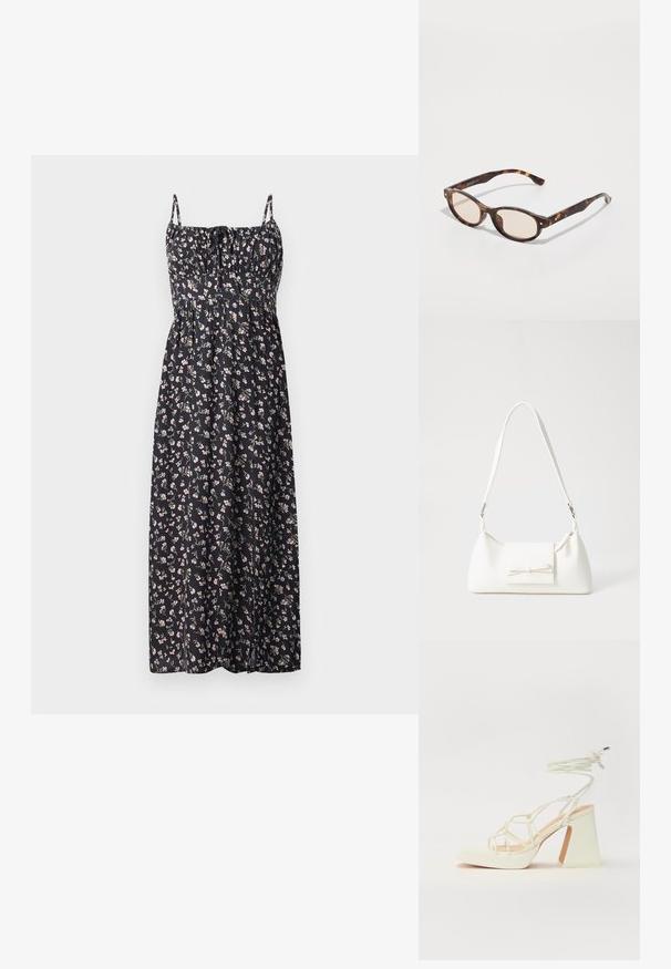 Vestido maxi floral en tela negra con pequeñas flores rosas y blancas, tirantes ajustables, cuerpo con fruncido y falda fluida.; Sandalia de tacón alto blanca con un tacón grueso, que presenta un diseño de tiras y un lazo en el tobillo. Textura suave con una plataforma en la parte delantera para mayor altura.; Gafas de sol carey con forma redonda y lentes claros. Presentan brazos resistentes con pequeños acentos en dorado, fabricadas en material plástico.; Bolso sintético blanco con forma triangular, tapa frontal plana y detalle de lazo, correa ajustable, textura suave y diseño minimalista.