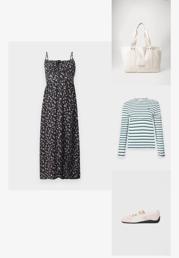 Cvetna maksi obleka iz črnega blaga z malimi rožnato-belimi cvetovi, nastavljivimi naramnicami, nabranim bodicem in tekočo krilo.; Majica z dolgimi rokavi in krožnim izrezom v beli barvi z vodoravnimi črtami v mornarsko modri in zeleni barvi. Ima majhen vezena logotip na prsih.; Roza semiš lahka čeveljka z belimi detajli, gumijastim podplatom in elastikami. Ima strukturirano zasnovo in majhen logotip spredaj.; Platnena torba v svetlem bežnem odtenku z dvema trdnima ročajema, kontrastnim belim robom in logotipom "THE NORTH FACE" v črni barvi na sprednji strani.