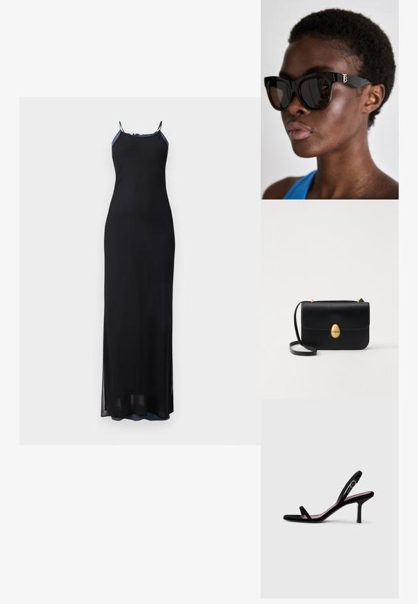 Černé maxi šaty s tenkými ramínky, přiléhavým střihem a postranními rozparky. Měkká, splývavá tkanina se hladkým povrchem. Akcentovaný výstřih.; Černé semišové dámské sandály na vysokém podpatku s úzkými popruhy a zlatou sponou na bílém pozadí, boční pohled.; Černé sluneční brýle s tlustým, úhlovým rámem, na boku s zlatým logem "TB" a tmavými zrcadlovými skly, umístěné na neutrálním pozadí.; Černá kožená kabelka se strukturovaným obdélníkovým tvarem. Obsahuje zlatou oválnou sponu a tenký ramenní popruh. Hladký povrch.