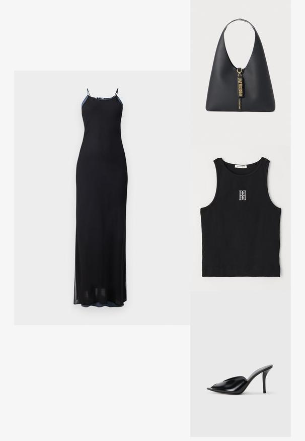 Čierne maxi šaty s tenkými ramienkami, priliehavým strihom a postrannými rozparkomi. Mäkká, splývavá tkanina s hladkým povrchom. Zdobený výstrih.; Čierny rebrový tielko s okrúhlym výstrihom a vyšitým logom v bielej farbe. Materiál má hladkú textúru a priliehajúci strih.; Čierne kožené vysoké podpätky s otvorenou špičkou, špicatý dizajn, hladká textúra a štíhly stiletto podpätok.; Čierna kožená kabelka cez plece so širokým popruhom, zlatými kovovými doplnkami a dvoma visiacimi štítkami s embosovaným nápisom "LOVE MOSCHINO" v zlatých písmenách.