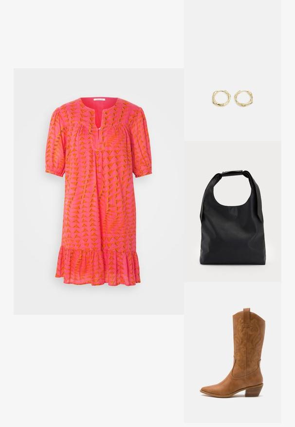Roza obleka z oranžnim geometrijskim vzorcem, kratkimi naborki, ključavnico spredaj in volanastim robom. Lahka tkanina in sproščen kroj.; Rjavi usnjeni kauboj čevlji s koničastim nosom, vezenimi vijugastimi vzorci na zgornjem delu in zloženim kvadratnim peto. Imajo zanko za enostavno obuvanje.; Črna usnjena torba hobo z enim mehkobnim, okroglim ročajem; ima gladko teksturo in minimalističen dizajn. Brez vidnih kovinskih delov ali poudarkov.; Zlate obročaste uhane z teksturirano, nepravilno obliko. Imajo brezšivno zapiranje in poliširano površinsko obdelavo, kar poudarja sodoben dizajn.