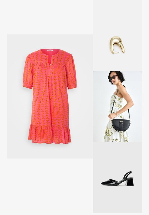 Rožinė suknelė su oranžiniu geometriniu raštu, trumpomis pūstoje rankovėmis, raktų skylutės priekyje ir raukšlėtu apvadu. Lengvas audinys ir laisvas siluetas.; Juodos lakuotos odinės šlepetės su smailiu pirštu ir geometriniu bloko kulnu. Turi elegantišką, minimalistinį dizainą ir lygų paviršių.; Juodas odinis krepšys su išlenkta forma, nuimamu dirželiu ir auksiniais detalėmis. Krepšys turi kilpą su sagtimi.; Aukso tono metalinės auskarai su stilingu, kreiviu dizainu. Išsiskiria ryškiu smailiu pavidalu, poliruota paviršiumi ir užsegimu su vyriu.