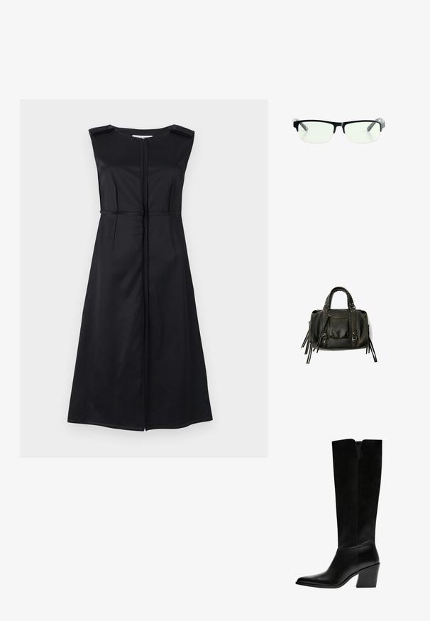 Svart ärmlös klänning med rak skärning, dragkedja fram och knappar som accent vid axlarna. Slät tyg, knälång design.; Svarta knästövlar i släthet läder, med spetsig tå, blockklack och ett V-format urtag högst upp.; Svarta rektangulära glasögon med klara linser, med eleganta svarta bågar och grå genomskinliga tempelspetsar. Minimalistisk design, utan synlig varumärkeslogotyp.; Svart läderhandväska med flätade handtag, dragkedjefack och hängande pom poms. Texturerad yta med metallnitar och hårdvaruaccenter.
