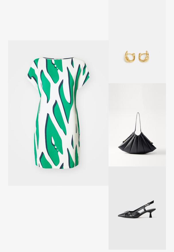 Kratka haljina s kratkim rukavima koja sadrži apstraktni uzorak u zelenoj i bijeloj boji s mornarskim naglascima. Izrađena od lagane tkanine, s opuštenim krojem i okruglim izrezom.; Crne kožne cipele s remenom oko pete, s izduženim vrhom, dekorativnim trakama s metalnim rupama i niskom blok petom. Teksturirana površina.; Crna nabranih torba od glatke kože, s jednim ručkom, zlatnim akcentima i geometrijski strukturiranim oblikom.; Zlatne naušnice u obliku prstena s glatkim, zaobljenim dizajnom i sjajnom površinom. Naušnice imaju kompaktan, čvrst oblik i bešavni kopč.