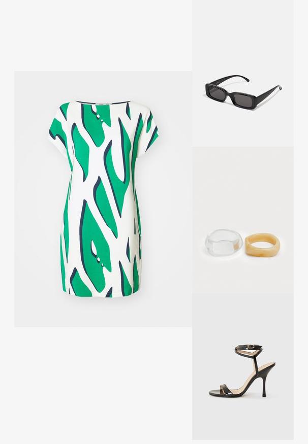 Šaty s krátkým rukávem s abstraktním vzorem v zelené a bílé barvě a námořnickými akcenty. Vyrobeno z lehkého materiálu, s volným střihem a kulatým výstřihem.; Černá lakovaná kožená sandál s vysokým podpatkem, tenkým páskem kolem kotníku a sponou, otevřenou špičkou a štíhlým jehlovým podpatkem na bílém pozadí.; Černé obdélníkové sluneční brýle s tmavými skly, lesklým povrchem, širokými ramínky a robustním designem rámu. Vytlačený název značky na jednom ramínku.; Průhledné a jantarové prsteny z pryskyřice, jeden hladký a transparentní, druhý s texturovaným jantarovým povrchem. Oba mají zaoblené, robustní tvary.