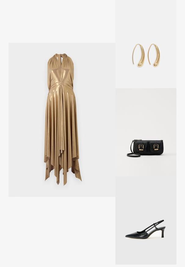 Metallik kuldne nööbivaba kleit sügava V-kaelusega, vooderdatud puusaga ja laieneva, asümmeetrilise servaga, millel on vertikaalsed pleedid, et lisada tekstuuri.; Mustmust paelad, millel on terav varvas, tekstuuriga maduprindiga, reguleeritav rihm ja lühike tekstuuriga plokknina.; Must küllastamata nahast õlakott, millel on kaks esist nähtavat taskut, kuldsed pandlad, tõmblukuga sulgemine ja peen rihm. Tekstuuriga pind ja kompaktne ristkülikukujuline kuju.; Kuldtoonilised metallist rõngas kõrvarõngad, millel on kõver ja piklik kuju. Omavad siledat, läikivat pinda ja ümarat tipptugevdust, mis lisab detaili.