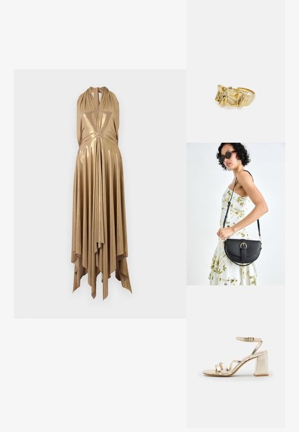 Metalna zlatna haljina bez rukava s dubokim V-izrezom, drapiranom tijelom i lepršavim, asimetričnim rubom koji ima vertikalne nabore za dodatnu teksturu.; Zign LEATHER - Sandale s visokom petom - gold; Crna kožna torba s lukovitim oblikom, odvojivim remenom i zlatnim detaljima. Torba ima preklop s kopčom.; Zlatni prsten s teksturiranim, valovitim dizajnom koji ima tri istaknuta vrha. Glatka, sjajna površina s otvorenom trakom za podešavanje veličine.