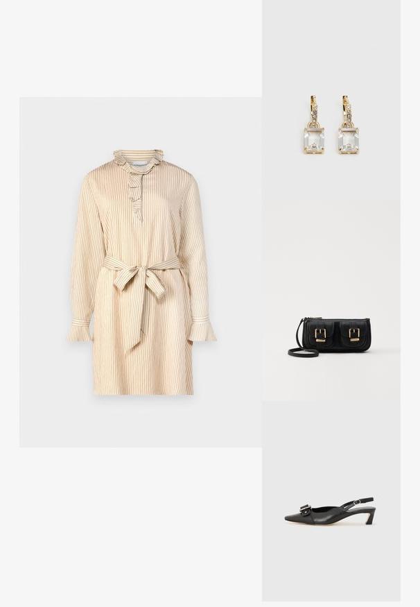 Beige mekko, jossa on pystysuorat raidat, röyhelökaulus, nappilista, pitkät hihat, joissa on leveät hihansuut, ja vyötäröllä solmittava vö. ; Musta nahkainen slingback-kengät terävällä kärjellä, pienellä korolla ja koristeellisella solkikuvioinnilla yläosassa. Sujuva pinta, minimalistinen muotoilu.; Musta nahkainen olkalaukku, jossa on kaksi etutaskua, kultaiset soljet, vetoketjukiinnitys ja kapea hihna. Teksturoidun pinnan ja kompaktin suorakaiteen muoto.; Kulta-sävyiset korvakorut, joissa on suorakulmainen, kirkas kivi roikkumassa pienen, pyöreän kirkkaan korosteen rivin alapuolella. Tyylikäs, moderni muotoilu.
