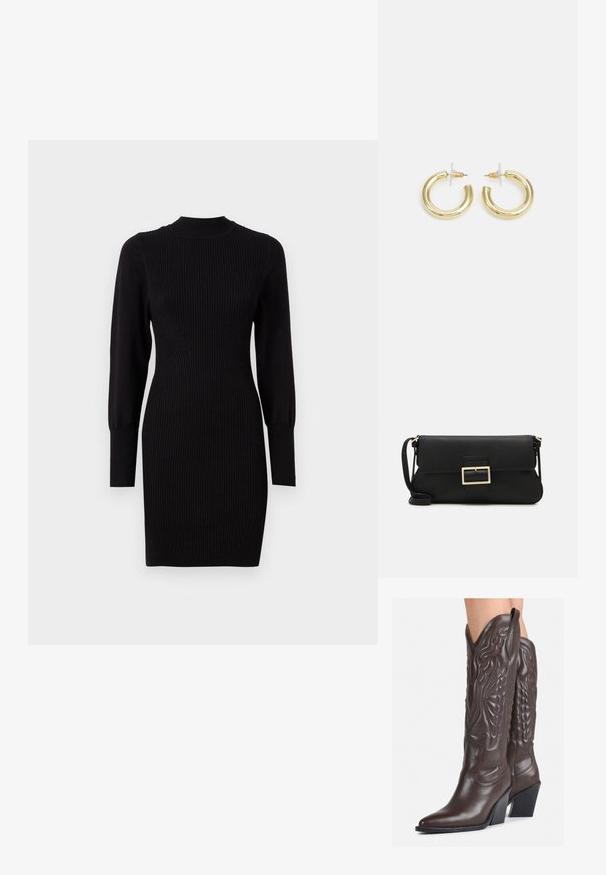 Fekete bordázott kötött ruha kerek nyakkal, hosszú ujjakkal és testhez simuló fazonnal, finoman függőleges csíkokkal és szűkített mandzsettákkal.; Barna bőr cowboy csizmák hegyes orral és blokk sarkal, részletes varrással és kiemelkedő díszítésekkel a szárán.; Fekete bőr kézitáska hajtóka részlettel és aranyszínű fém csattal. Tartalmaz egy fekete pántot és egy letisztult, minimális dizájnt.; Arany fülbevalók sima, fényes felülettel. Kör alakú dizájn, amely kis kapoccsal és átlátszó tartozékkal rendelkezik a biztonságos viselés érdekében.