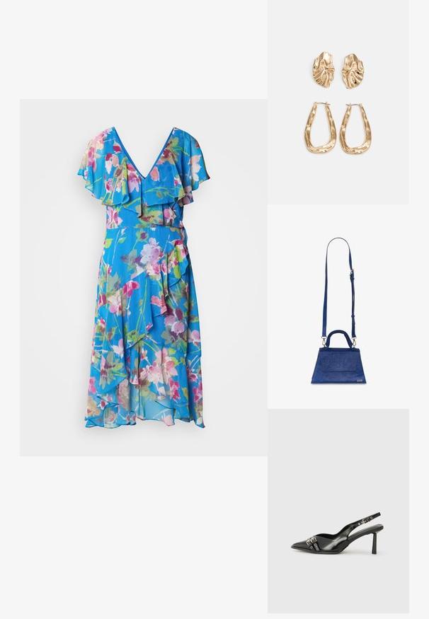 Blomstertrykt kjole med V-hals, volanger på ermene og en luftig silhuett. Laget av lett materiale i nyanser av blått, rosa og grønt.; Sorte patentlær slingback-sko med spiss tå, ankelremmer med sølvspenner og detaljer, og en slank hæl.; Blå faux lær veske med trekantet form, håndtak på toppen og justerbar skulderreim. Har en glatt tekstur og frontlokk detaljer.; Gullfargede øredobber med teksturerte, bølgete former. Inkluderer skulpturelle klipsstuds og åpen hoop-design med en hamret finish.