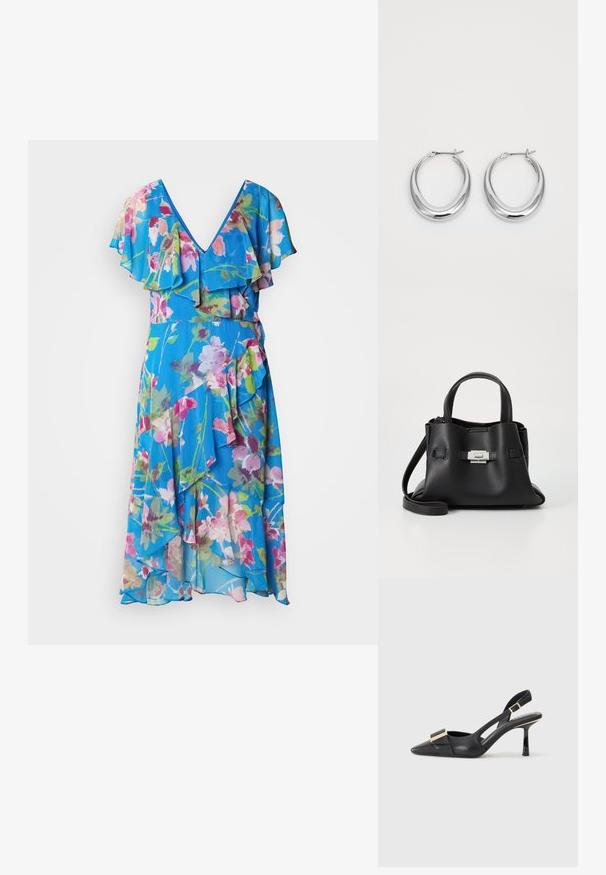 Gėlių rašto suknelė su V formos iškirptė, volanginėmis rankovėmis ir laisvu siluetu. Pagaminta iš lengvos medžiagos mėlynos, rožinės ir žalios spalvų atspalvių.; Juodas odinis batelis su atviru kulnu, smailiu pirštu, liekna kulniuku ir auksinės spalvos detalėmis ant batus. Lygus paviršius ir struktūrizuotas dizainas.; Juodas odinis rankinės su tekstūruota apdaila, turintis dvi viršutinės rankenos, nuimamą peties diržą ir sidabrinį užsegimą.; Poliruoti sidabro pusmėnulio formos auskarai su užlenkiamais užsegimais ant balto fono.