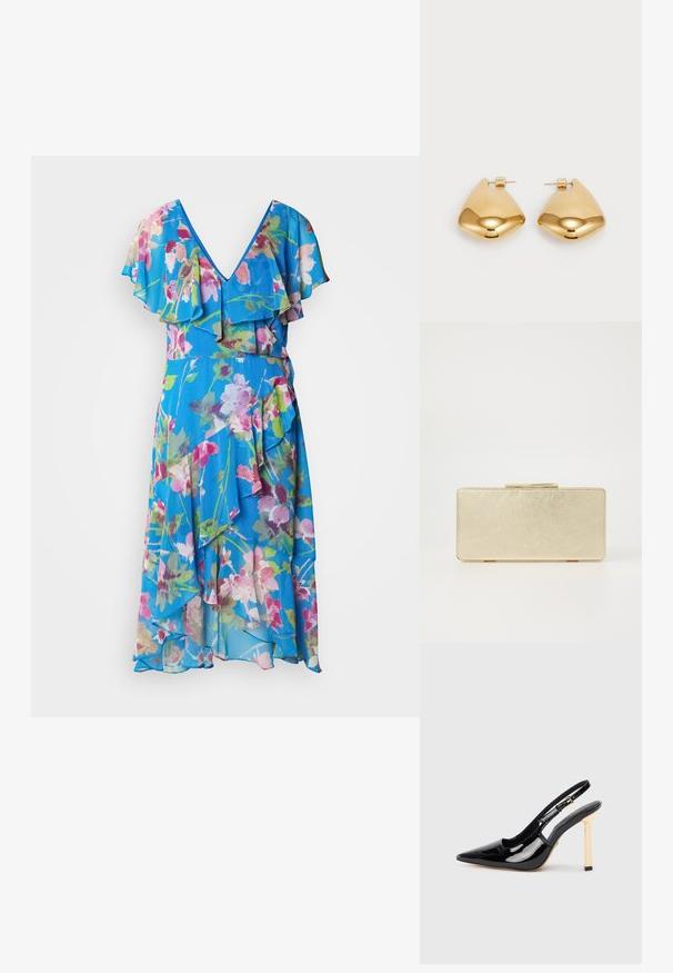 Gėlių rašto suknelė su V formos iškirptė, volanginėmis rankovėmis ir laisvu siluetu. Pagaminta iš lengvos medžiagos mėlynos, rožinės ir žalios spalvų atspalvių.; Juodas patentuotas odos aukštakulnis batelis su smailiu kojų pirštu ir auksinės spalvos kvadratiniu kulno akcentu. Ilgesnis reguliuojamas kulkšnies dirželis.; Auksinė delninė su lygiu metaliniu paviršiumi, stačiakampio formos ir paprastu užsegimu. Nėra matomų raštų ar dekoracijų.; Auksinės metalinės auskarai su lygia, suapvalinta trikampio forma ir užsegimu; blizgus paviršius su minimaliais dekoratyviniais elementais.