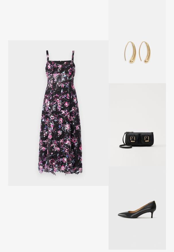 Rochie neagră cu flori, cu bretele subțiri, având un model vibrant de flori roz și violet, cu un overlay de dantelă transparentă și un design de lungime medie.; Pantofii din piele neagră au vârful ascuțit, toc mic și o textură netedă. Au o deschidere ușoară în față și un hardware minim în spate.; Geantă neagră din piele, tip crossbody, cu două buzunare frontale, catarame aurii, închidere cu fermoar și o curea subțire. Suprafață texturată și formă rectangulară compactă.; Cercei din metal auriu, cu un design curbat și alungit. Au o suprafață netedă și strălucitoare, cu un vârf rotunjit pentru un detaliu suplimentar.