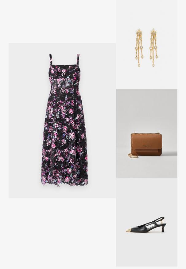 Črna cvetlična obleka s tankimi naramnicami, ki se ponaša z živahnim vzorcem rož v roza in vijoličnih odtenkih, s prosojno čipkastim prekrivalom in srednje dolžino.; Črne usnjene sandače s koničastim nosom in zlatim kovinskim špirom. Imajo izrezljan dizajn in vitko peto z nastavljivim trakom.; Rjava teksturirana usnjena torba čez ramo z zlatim verižnim trakom in zapiranjem na pokrov. Spredaj je vidna podrobnost logotipa in žep pod pokrovom.; Zlato-tonirane uhane z več kaskadnimi verigami, ki vključujejo prozorne ovalne kamenčke in okrasne zgornje dele.