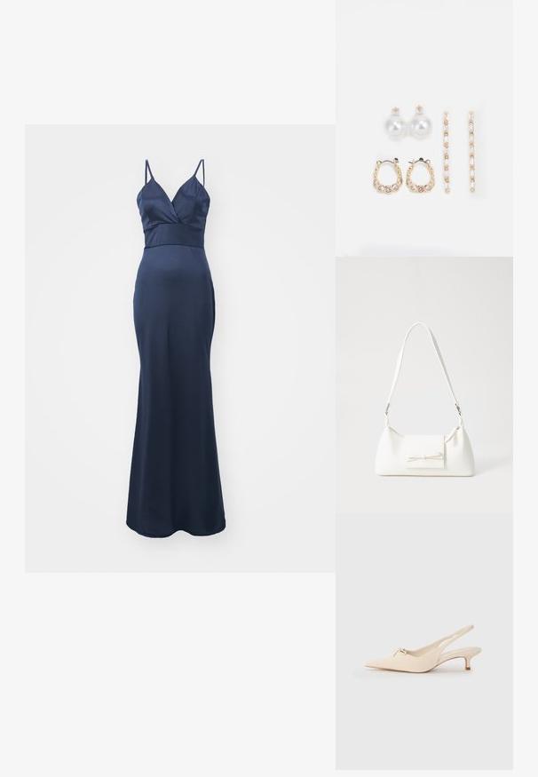 Navy blue satin iltapuku, jossa on V-pääntie, ohuet säädettävät hihnat, istuva vartalo ja suora, lattiaa hipova hameosa. Sujuva pinta.; Slingback-kengät teräväkärkisellä muotoilulla, off-white nahkaa, pieni rusetti ja matala kitten-kanta. Sujuva pinta, minimalistinen muotoilu.; Valkoinen synteettinen käsilaukku, jossa on kolmikulmainen muoto, tasainen etu läppä ja nauhadetail, säädettävä olkahihna, sileä rakenne ja minimalinen muotoilu.; Kolme paria korviksia: suuret valkoiset helmetuoksut, kultaketjut, joissa on kirkkaat jalokivet, ja kaksi pitkiä, suoria kultakoristekorviksia, joissa on kimaltelevia yksityiskohtia.