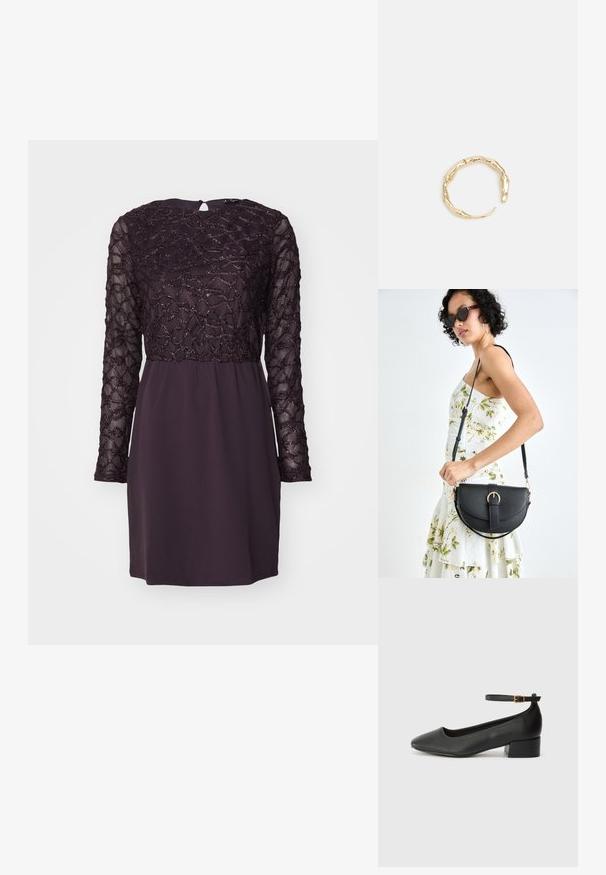 Tamsiai violetinė suknelė su ilgomis, tekstūruotomis nėrinių mentėmis, prigludusia liemene ir šiek tiek platėjančia sijonu; puošia sudėtingi puošnūs perlų tipo akcentai.; Juodas odinis aukštakulnis batelis su smailiu pirštu ir žemu bloku. Su kulkšnies dirželiu su auksinės spalvos sagtimi. Lygus paviršius.; Juodas odinis krepšys su išlenkta forma, nuimamu dirželiu ir auksiniais detalėmis. Krepšys turi kilpą su sagtimi.; Auksinės spalvos žiedas, turintis organišką, sukimosi dizainą su lygiu paviršiumi ir siaurėjančiais galais, sukuriantis modernią skulptūrinę išvaizdą.