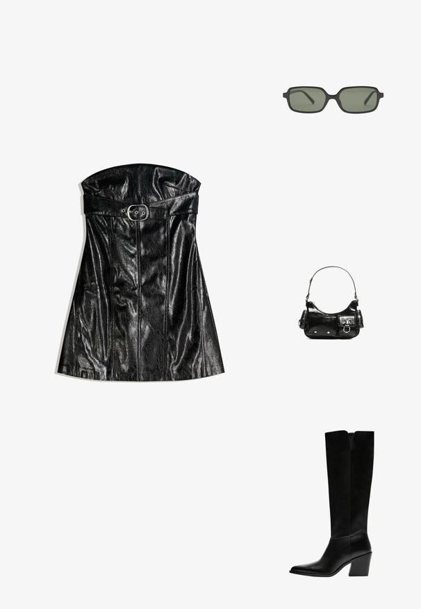 Crna kožna haljina bez naramenica, s pojasom u struku i vertikalnim šavovima koji naglašavaju njen strukturirani siluet.; Crne čizme do koljena napravljene od glatke kože, s šiljastim vrhom, blok petom i V-oblika izrezom na vrhu.; Crne pravokutne sunčane naočale s tamnozelenim lećama, s ravnim dizajnom, minimalističkim bočnim dijelovima i laganim okvirom za udobnost.; Crna patentna kožna torba s zakrivljenim oblikom, jednim remenom za rame, prednjim džepovima i akcentima od srebrnog tona.