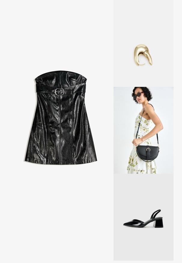 Zwarte leren jurk met een strapless ontwerp, voorzien van een ceintuurlijn en verticale naden die de gestructureerde silhouette accentueren.; Zwarte gepatineerde leren slingback hakken met een spitse neus en een geometrische blokhak. Kenmerkt zich door een slank, minimalistisch ontwerp en een gladde textuur.; Zwarte leren handtas met een gebogen vorm, afneembare schouderband en gouden hardware. De tas heeft een klep met een gespsluiting.; Gouden metalen oorbel met een slank, gebogen ontwerp. Beschikt over een kenmerkende puntige vorm, gepolijste oppervlakte en scharnier sluiting.