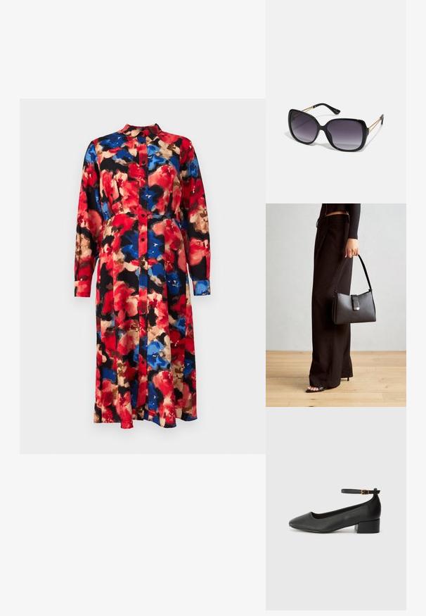 Ziedu raksta kleita ar garām piedurknēm, pogu priekšpusi un apkakli. Iezīmējas sarkanā, zilā, bēšā un melnā krāsā, un tai ir plūstoša siluets.; Melnas ādas sūkņi ar smailu purngalu un zemu bloku papēdi. Iezīmēts ar potītes siksniņu ar zelta krāsas sprādzi. Gluda tekstūra.; Melni pārmērīgi lieli saulesbrilles ar gradāciju lēcām, biezām rāmja malām un zeltainas krāsas ķēžu detaļām uz tempļiem.; Melnā somiņa ar strukturētu formu, gludu tekstūru un metālu sprādzi. Saskaņota ar platām melnām biksēm un sandālēm ar atvērtu purngalu uz koka grīdas.