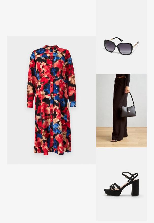 Lille lillede, millel on pikad varrukad, nupud ees ja kaelus. Joonistatud punased, sinised, beežid ja mustad värvid ning voolav siluett.; Mustadest sametist platvormsandaalid, millel on plokknina, ristuvad rihmad ja lukustatav pahkluu rihm turvaliseks sobivuseks.; Mustad ümarad päikeseglaasid, millel on gradient objektiivid, paksud raamid ja kuldse tooni kettaga kaunistused tempelitel.; Must musta kott, millel on struktureeritud kuju, sile tekstuur ja metallist klamber. Kombineeritud laiate mustade pükstega ja avatud varvaste sandaalidega puidust põrandal.