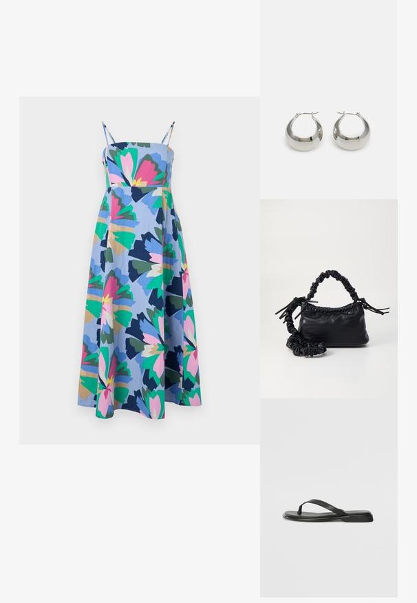 Vestido colorido de comprimento médio feito de um tecido leve. Apresenta uma base azul com grandes padrões florais em rosa, verde e azul-marinho. Alças ajustáveis.; Chinelo preto feito de couro liso, com um design de tira fina e sola baixa com um perfil minimalista. Sem padrões ou acentos notáveis.; Bolsa de mão em couro sintético preto com textura de crocodilo, topo franzido e alça enrugada. Apresenta um design suave e compacto.; Brincos em metal prateado em forma de argola com uma superfície lisa e brilhante e um design estruturado e arredondado. Apresenta um fecho articulado para um uso seguro.