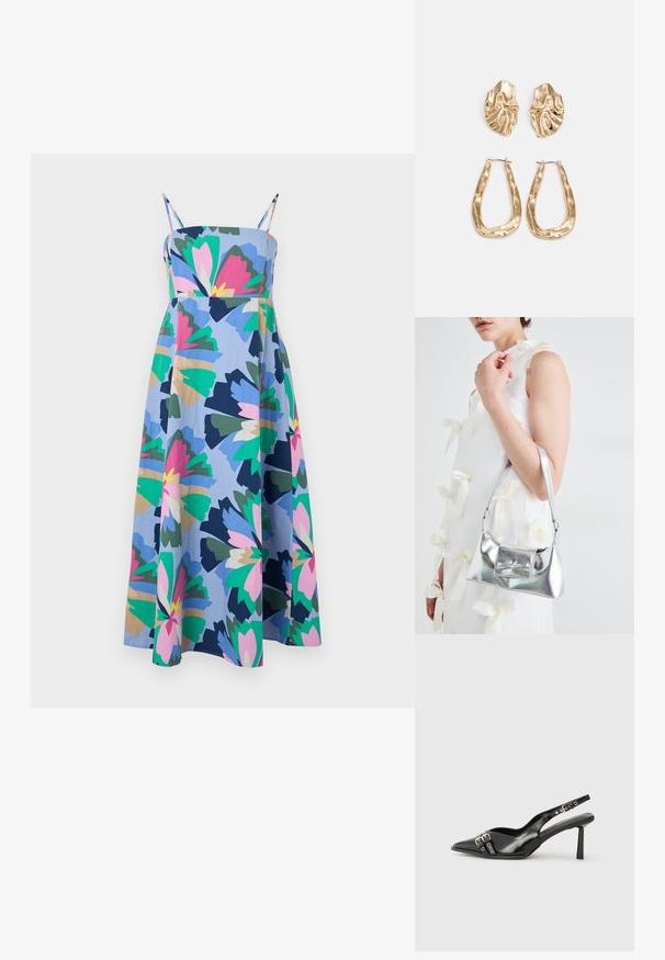 Színes, közepes hosszúságú ruha könnyű anyagból. Kék alapszínnel rendelkezik, nagy virágmintákkal rózsaszínben, zöldben és sötétkékben. Állítható pántokkal.; Fekete lakk bőr, hegyes orrú slingback cipő, boka pántokkal, ezüst csatokkal és hardverelemekkel, valamint karcsú sarkú.; Ezüst fémes kézitáska, struktúrált formával, felső fogantyúval és masnis részlettel az elején. Simaságával és fényes felületével tűnik ki.; Aranyszínű fülbevalók, texturált, hullámos formákkal. Tartalmazza a szobrászati klipszes studokat és az open hoop kialakítást, kalapácsos felülettel.