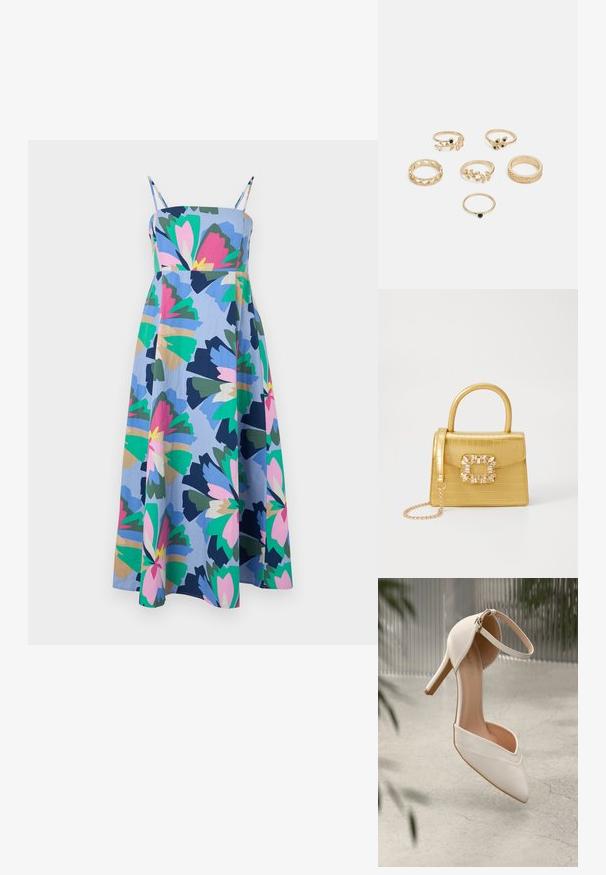 Rochie colorată, de lungime medie, confecționată dintr-un material ușor. Are o bază albastră cu modele florale mari în roz, verde și bleumarin. Bretele ajustabile.; Cumpărătură albă cu toc înalt, din material neted, cu vârf ascuțit și bretele pentru glezna. Dispune de un interior de culoare bej deschis și accente din metal aurit.; Geantă galbenă din faux-crocodil cu un design structurat, mână superioară, curea detașabilă cu lanț și embellisment decorativ cu cristale pe închidere.; Set de șase inele aurii cu diferite designuri: împletite, cu motive de frunze și benzi solide; unele cu accente de pietre prețioase verzi.