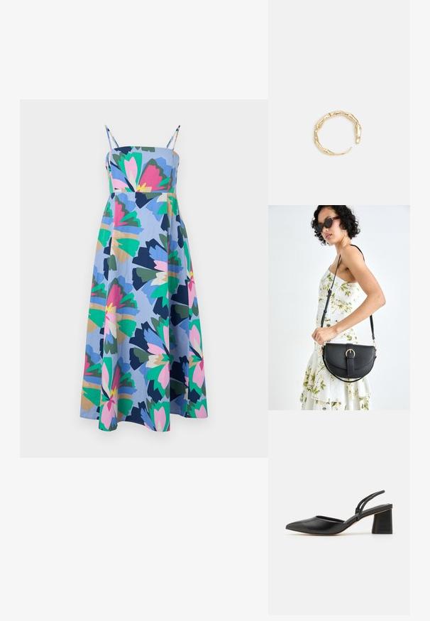 Farbiger, mittellanger Dress aus leichtem Stoff. Hat eine blaue Basis mit großen Blumenmustern in Pink, Grün und Marineblau. Verstellbare Träger.; Schwarzer Slingback-Schuh mit spitzer Zehenpartie aus glattem Leder, ausgestattet mit einem niedrigen Blockabsatz und dünnen Riemen auf der Rückseite für einen sicheren Sitz.; Schwarze Lederhandtasche mit geschwungener Form, abnehmbarem Tragegurt und goldenen Beschlägen. Die Tasche verfügt über einen Deckel mit einer Schnallen-Details.; Goldfarbener Ring mit einem organischen, gedrehten Design, glatter Oberfläche und sich verjüngenden Enden, was ein modernes, skulpturales Erscheinungsbild erzeugt.