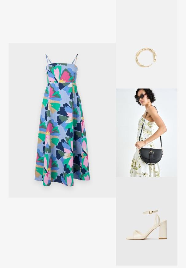 Värviline, keskmise pikkusega kleit, mis on valmistatud kergetest kangastest. Sinine alus, millel on suured lillemustrid roosa, rohelise ja tumevilja värvides. Reguleeritavad rihmad.; Kreemivärvilised kontsad avatud varbaga, paks plokknakka, õhuke pahkluuring ning tagasihoidlik sära. Buckle aktsent rihmal.; Mustmust mustraha kõverate joontega, eemaldatava rihmaga ja kuldsete detailidega. Kotil on klapp, millel on pandladetail.; Kuldtoonis sõrmus, millel on orgaaniline, keerdunud disain sileda tekstuuri ja kitsenevate otstega, luues kaasaegse skulptuurilise välimuse.