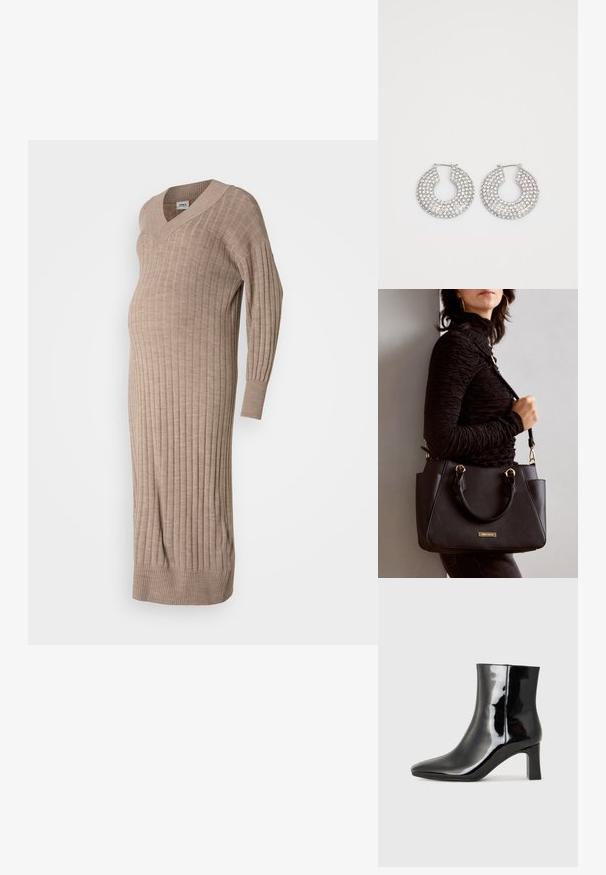 Strikket gravidkjole i beige med V-hals, lange ermer, ribbestrikket tekstur og en avslappet passform som er designet for komfort under graviditeten.; Sorte patentlær ankle boot med spiss tå og en mellomhøy blokkhelt. Glatt tekstur og minimalistisk design.; Svart håndveske med teksturert overflate, doble topphåndtak og justerbar skulderrem. Har detaljer i gulltone og sidelommer.; Sølv hoop øredobber prydet med flere klare krystallpynt, med en teksturert overflate og et åpent sirkulært design.