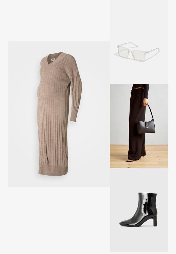 Vestido de maternidade de malha em bege, com decote em V, mangas longas, textura canelada e um corte descontraído pensado para proporcionar conforto durante a gravidez.; Botim de tornozelo em pele sintética preta com bico apontado e salto bloco de altura média. Textura suave e design minimalista.; Óculos quadrados de plástico transparente com lentes translúcidas, apresentando detalhes em dourado nas hastes.; Bolsa preta com forma estruturada, textura suave e um fecho metálico. Combinada com calças largas pretas e sandálias de salto aberto sobre um chão de madeira.