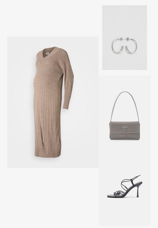 Bež värviline raseduskleit, millel on V-kaelus, pikad varrukad, sooniktekstuur ja lõdva istuvus, mis on loodud mugavuseks raseduse ajal.; Mustad musta värvi kontsandaalid on varustatud peente rihmadega, millel on sõlmekujundus, siledad ruudukujulised varbad ja stiilne stilettokonts.; Helehall metallik handbags, millel on kett, kaunistatud väikeste ümmarguste metallist õmblustega ja kolmnurkse brändi logoga.; Hõbedased rõngaskõrvarõngad, millel on sile ja läikiv pind. Ümar kuju, kerge disain, millel on post-tagumise kinnituse süsteem.