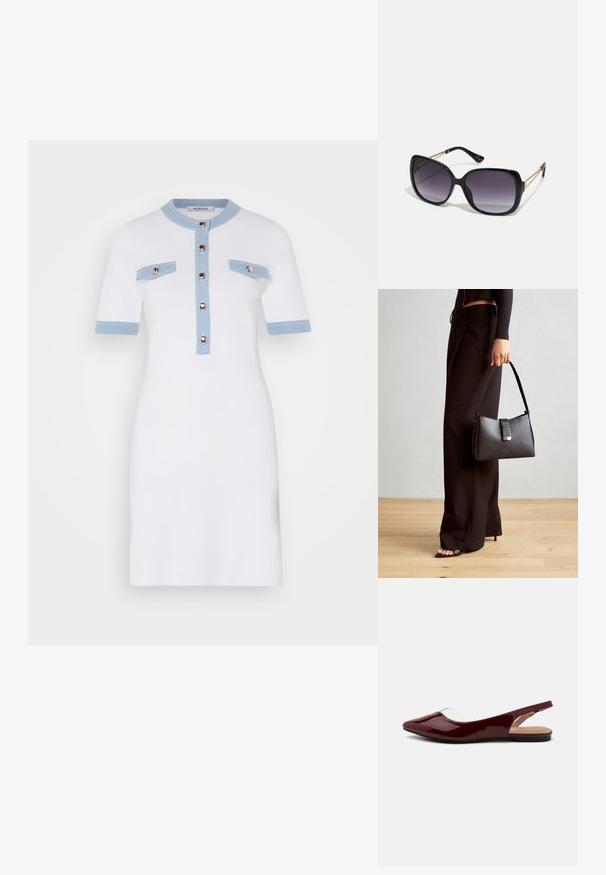 Fehér ruha rövid ujjakkal, világoskék díszítéssel a galléron és a zsebeknél, gombos záródás elöl, testhezálló fazon, sima textúra.; Burgundy színű lakk slingback balerina cipők hegyes orral, átlátszó kivágással és lapos fekete talppal. Sima textúra, minimalista dizájn.; Fekete, oversize napszemüveg fokozatos árnyalatú lencsékkel, vastag kerettel és arany színű lánc díszítéssel a szárakon.; Fekete kézi táska strukturált formával, sima textúrával és fémből készült záródással. Széles fekete nadrággal és nyitott orrú szandállal párosítva, fából készült padlón.