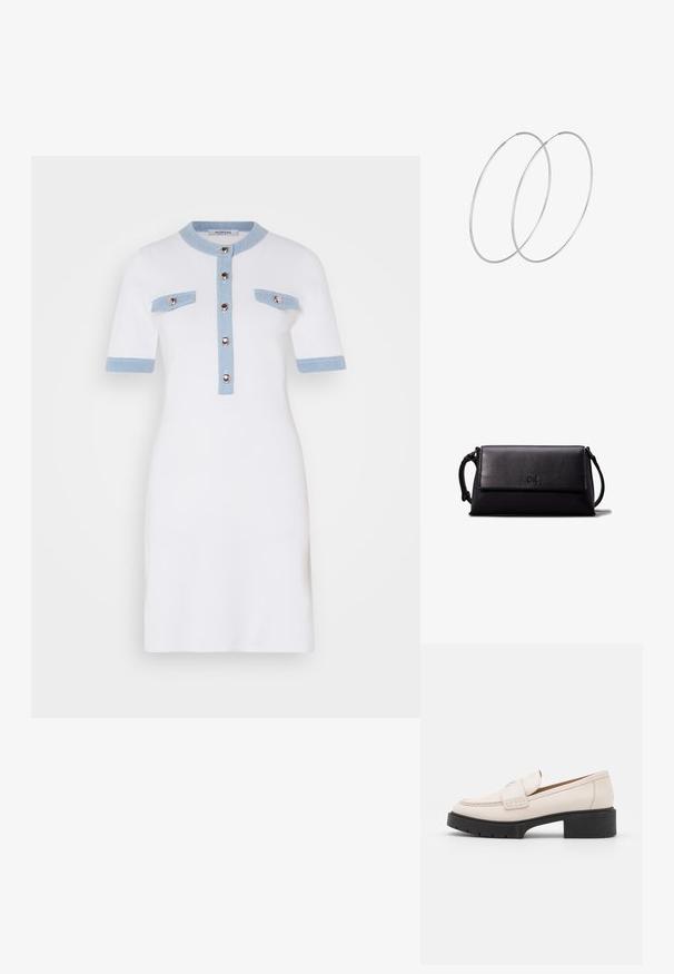 Bijela haljina s kratkim rukavima, svijetloplave akcenti na ovratniku i džepovima, dugmad s prednje strane, prilagođen dizajn, glatka tekstura.; Svijetlosmeđi kožni loaferi s ušivenim prednjim dijelom i teksturiranim crnim platformastim potplatom. Imaju zakrivljeni dizajn i blagu elevaciju.; Crna kožna torbica u obliku pravokutnika, glatke teksture, s ravnim preklopom i malom ručkom sa strane. Ima diskretni logo.; Srebrne okrugle naušnice s minimalističkim dizajnom. Kružni oblik, glatka tekstura i tanak profil. Lagane s poliranim završetkom.