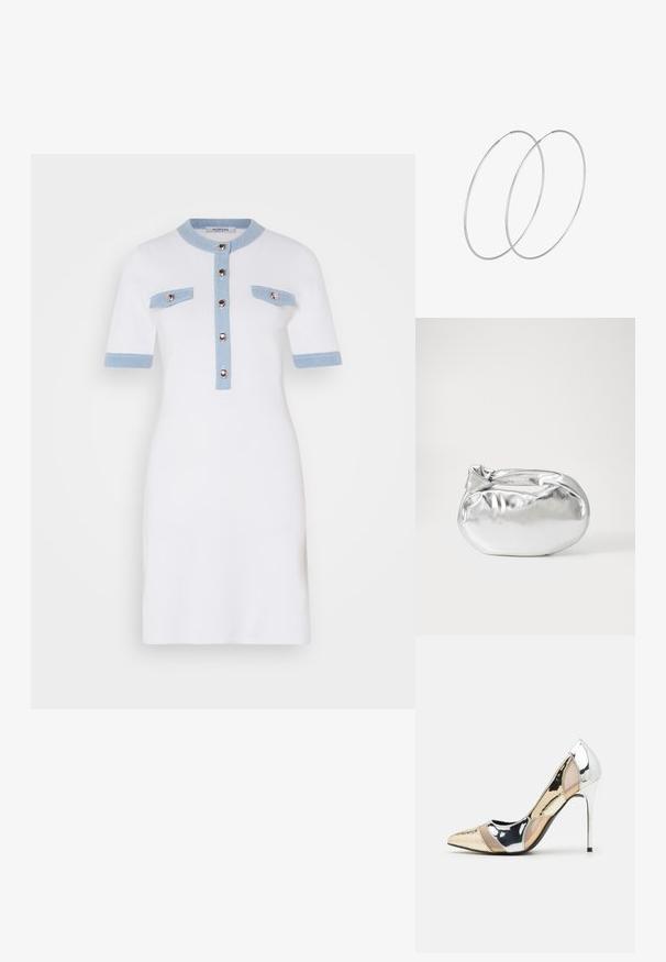Witte jurk met korte mouwen, lichtblauwe accenten op de kraag en zakken, knoopsluiting aan de voorkant, getailleerd ontwerp, gladde textuur.; Puntige hoge hak schoenen met een zilver, goud en nude kleurenschema. Glanzende afwerking met uitsnijdingen en een stiletto hak.; Zilveren metalen pouch bag met een zachte, afgeronde vorm en een geknoopte sluiting aan de bovenkant. Gemaakt van soepel faux leren materiaal.; Zilveren hoepel oorbellen met een minimalistisch ontwerp. Cirkelvormig, gladde textuur en dun profiel. Lichtgewicht met een gepolijste afwerking.