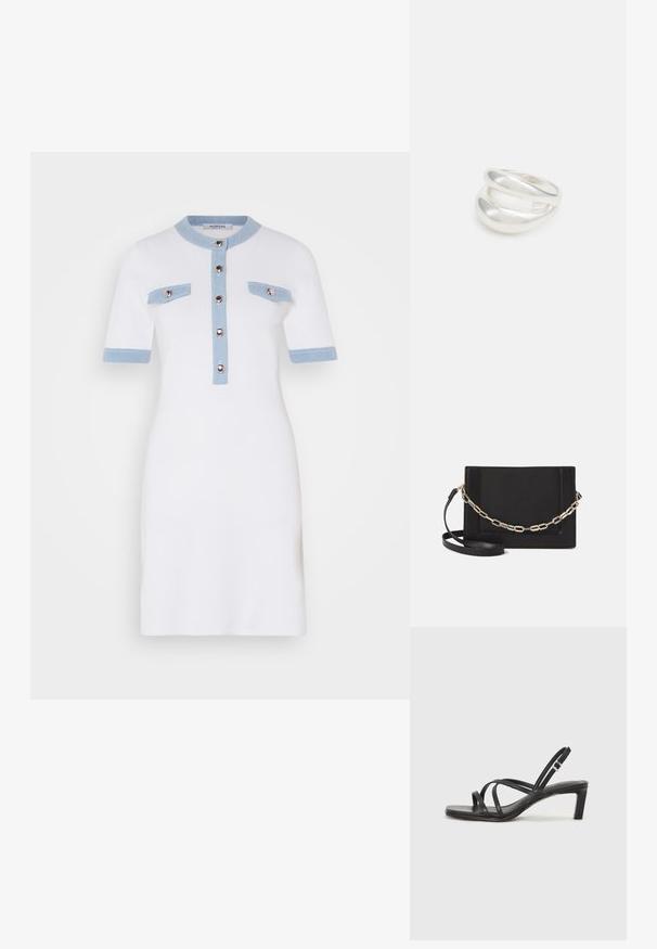 Bijela haljina s kratkim rukavima, svijetloplave akcenti na ovratniku i džepovima, dugmad s prednje strane, prilagođen dizajn, glatka tekstura.; Crne sandale s trakama, kvadratnim prstom i niskom blok petom. Ima više tankih trakica i podesivu trakicu oko gležnja. Izrađene su od glatke kože.; Crna kožna torba preko tijela s glatkom teksturom, pravokutnim oblikom i metalnim lancem na prednjoj strani. Uključena je podesiva naramenica.; Srebrna dvostruka prsten s glatkom, poliranom površinom. Karakterizira ga fluidan, zakrivljen dizajn s preklapajućim sekcijama za moderan izgled.