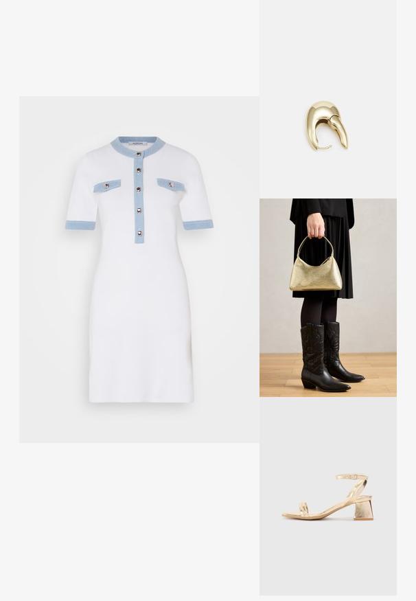 Valge kleit lühikeste varrukatega, helesinised aktsendid kaeluses ja taskutes, nupuga kinn Closure ees, voolav disain, sile tekstuur.; Kuldmetalliline kontsaga sandaal, millel on nurkadega plokk-konts, kaks riba jala peal ja reguleeritav pahkluu rihm. Sujuv tekstuur.; Kuldse tekstuuriga kott, millel on kõver kuju ja lühike käepide, hoiab inimene, kes kannab musta plisseerkätikut ja musti nahast cowboy-saapaid.; Kuldtooni metallist kõrvarõngas, millel on elegantne ja kaarjas disain. Omab silmapaistvat teravat kuju, poleeritud pinda ja hingesulgemist.