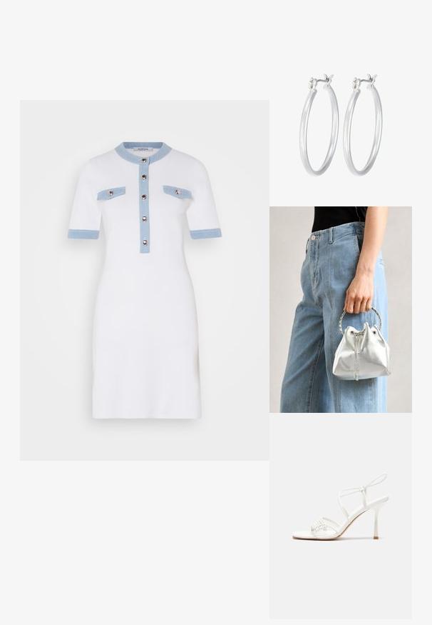 Biała sukienka z krótkimi rękawami, jasnoniebieskie akcenty na kołnierzyku i kieszeniach, zapinana na guziki z przodu, dopasowany krój, gładka tekstura.; Białe sandały na wysokim obcasie z paskami, z płaską bazą na palcach, teksturowanym przodem z marszczonymi akcentami oraz cienkim paskiem na kostce.; Metaliczna srebrna torba typu bucket z teksturowanym wykończeniem, ozdobiona okrągłym srebrnym uchwytem i zaciąganym zapięciem, trzymana na tle jasnoniebieskich dżinsów.; Srebrne kolczyki w formie kółek o gładkim, polerowanym wykończeniu. O okrągłym kształcie i pewnym zapięciu na klik. Lekka konstrukcja odpowiednia do codziennego noszenia.