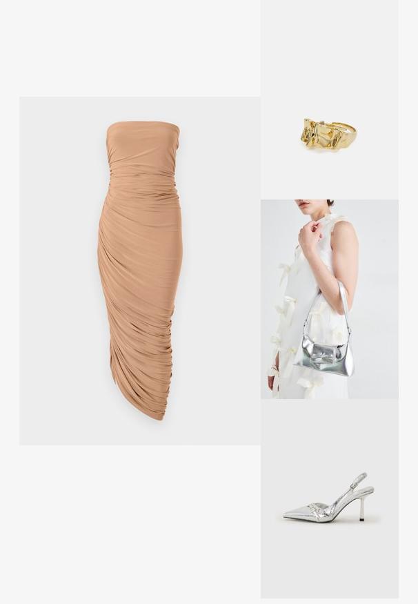 Haljina bez naramenica od svijetlosmeđeg materijala, koja ima skupljene nabore duž tijela i pripijeni kroj koji završava suženim rubom.; Srebrna slingback salonska cipela s oštrim prstom, metalik završnom obradom, dva dekorativna remena i vitkim potplatom s crnim vrhom.; Srebrna metalik torbica sa strukturiranim oblikom, s gornjom drškom i detaljem mašne sprijeda. Glatka tekstura, reflektirajući finiš.; Zlatni prsten s teksturiranim, valovitim dizajnom koji ima tri istaknuta vrha. Glatka, sjajna površina s otvorenom trakom za podešavanje veličine.