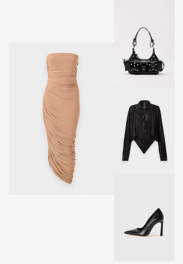 Kratka obleka brez naramnic iz svetlo bež tkanine, ki se ponaša z nabranimi draperijami vzdolž telesa in oprijetim silhueto, ki se konča s koničastim robom.; Črn bodi z dolgimi rokavi, V-izrezom in prilegajočo silhueto. Narejen iz sijočega, gladkega materiala z oblikovanim ovratnikom in manšetami.; Črne čevlje z visoko peto in konico v obliki puščice, z teksturo krokodilje kože, ki se ponašajo s sleek oblikovanjem, visokim stiletto peto in gladkim črnim notranjostjo.; Črna usnjena torbica s ukrivljenim dizajnom, ki vsebuje srebrne žebljičke, zaponko in dve stranski žepki. Nastavljiv trak za različne možnosti nošenja.