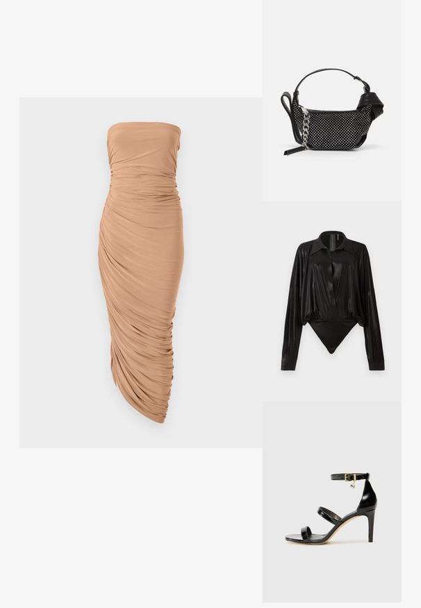 Vestido sem alças em um tecido bege claro, apresentando pregas e drapeados ao longo do corpo e uma silhueta ajustada que termina em uma bainha em forma de ponto.; Bodysuit preto com mangas longas, decote em V e silhueta ajustada. Feito de um tecido brilhante e suave, com colarinho e punhos estruturados.; Sandal de couro envernizado preto com três tiras, fivela no tornozelo e salto agulha de 10 cm. Apresenta detalhes em hardware dourado e um charme com logotipo.; Bolsinha preta com adornos de tachas, uma alça de corrente e uma pega em couro liso, com um formato arredondado e um compartimento com fecho.