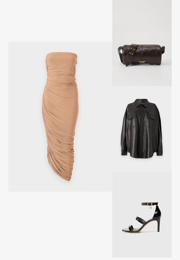 Rihmavaba kleit heles beežis kangas, millel on kogutud drapeering keha ääres ja sobiv siluett, mis lõpeb kitseneva äärega.; Must värvi nahast särk nupuga esitasku, terava krae ja kahe rinna taskuga. Omab laia lõiget ja sujuvat tekstuuri.; Must musta nahk sandaal kolme rihmaga, pahkluu vööga ja 4-tollise stilettakontsaga. Omab kuldset detaili ja logovõtit.; Pruunist krokodillimustrist nahast kott, millel on silindri kuju, kuldse tooni metalldetailid ja eemaldatav rihm, kus on nupud.